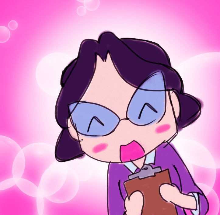 chibi drawing of ms. pauling from tf2, theres pink bubbles in da background