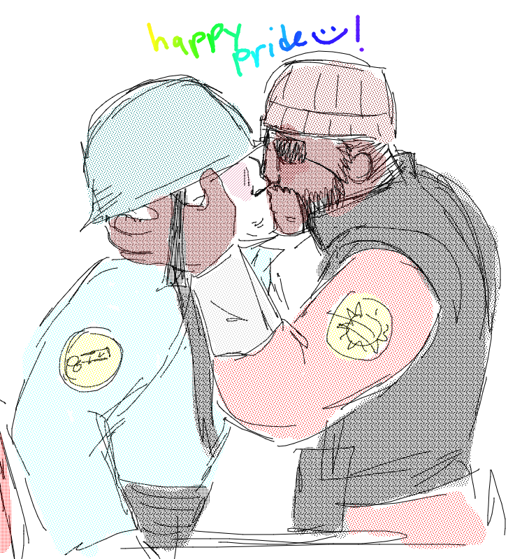 blu soldier and red demoman from tf2 kissing drawn in kidpix browser