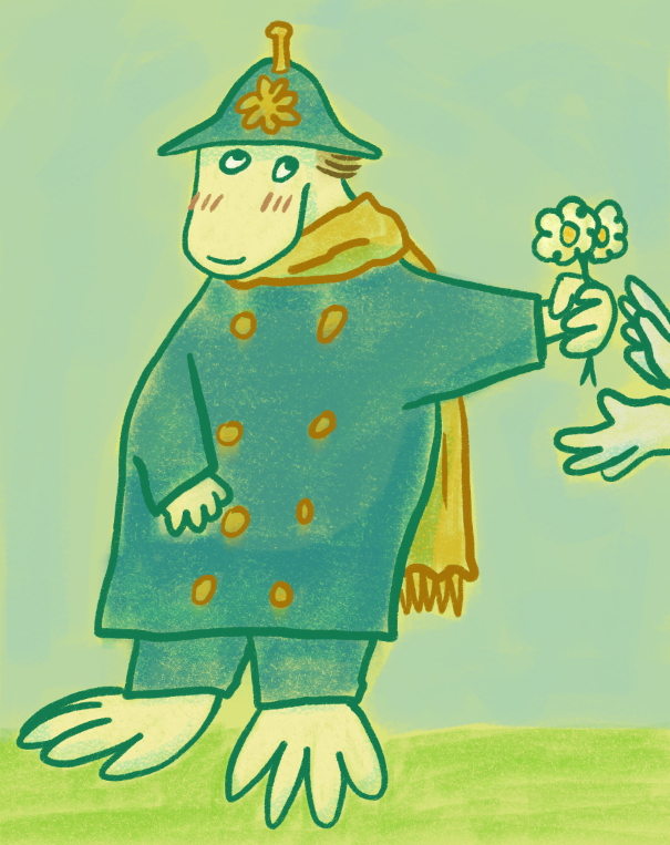 inspector from moomin holding flowers out to someone