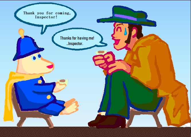 inspectors from moomin and lupin sharing tea, its drawn on kidpix.