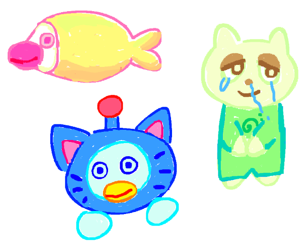 drawings of item label characters clampy, listdonuts, and celeboui/ouioui